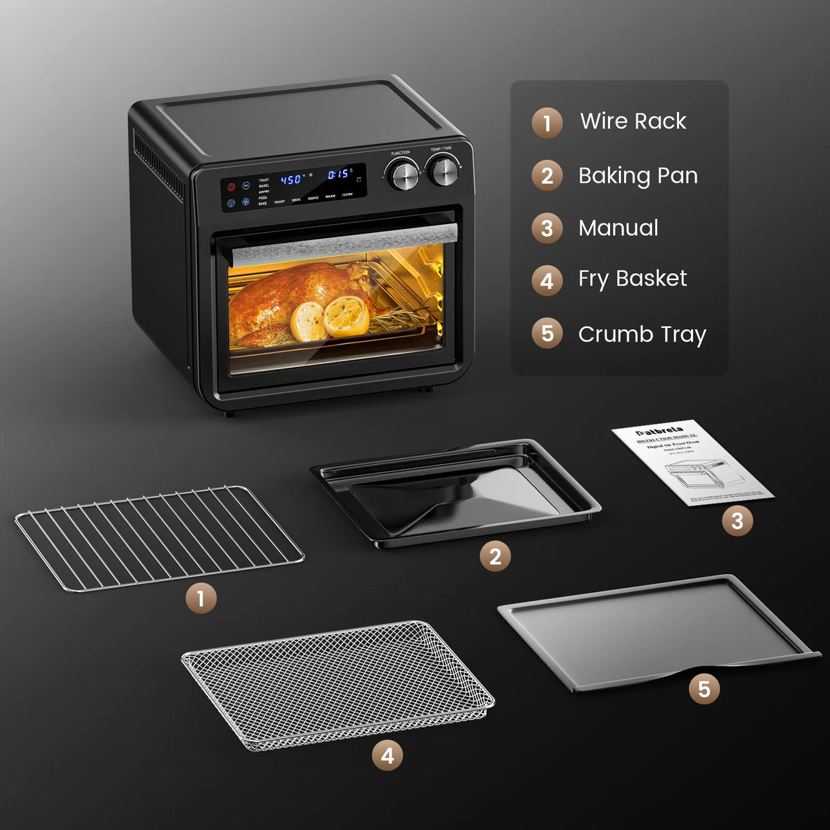 26QT Air Fryer Oven,Oil-Less Digital Touchscreen Toaster Oven with 10-in-1 Multi Function&Custom Mode, Visible Window , 1800W,Black