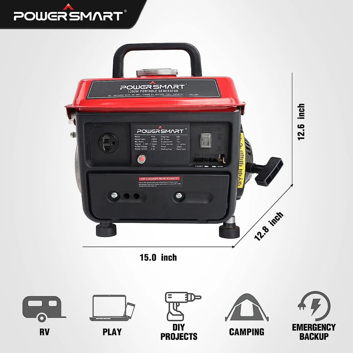 PowerSmart 1200W Gas Fuel Generator Portable for Camping Outdoor, Low Noise with AC Outlet