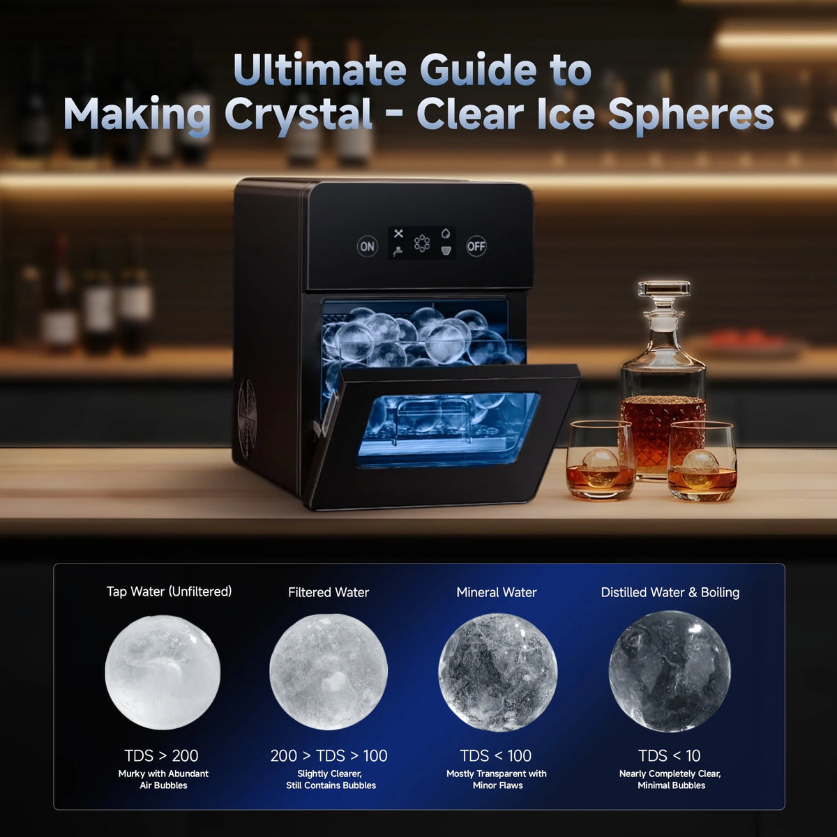 Simzlife Sphere Ice Maker,10 pcs/Hour, 150 pcs/Day,Clear Ice Ball Maker with Enhanced Insulation, with LCD Touch Screen, Self-Cleaning, Quiet Home and Bar Ice for Whiskey Bourbon Parties