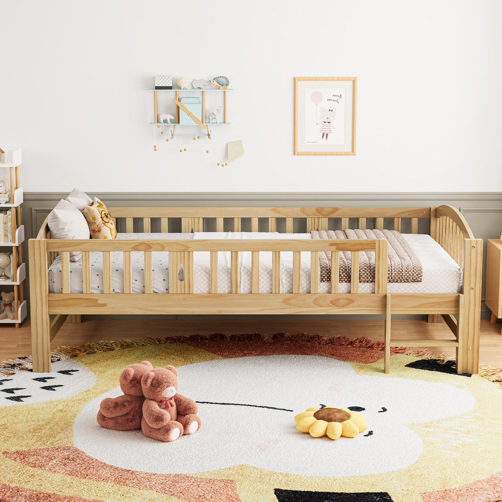 SESSLIFE Twin Size Platform Bed, Solid Wood Twin Bed Frame with Slats, Fence Guardrail Ladder, Twin Floor Bed with Strong Legs for Boys Girls, No Box Spring Needed, Holds 400 lbs, White