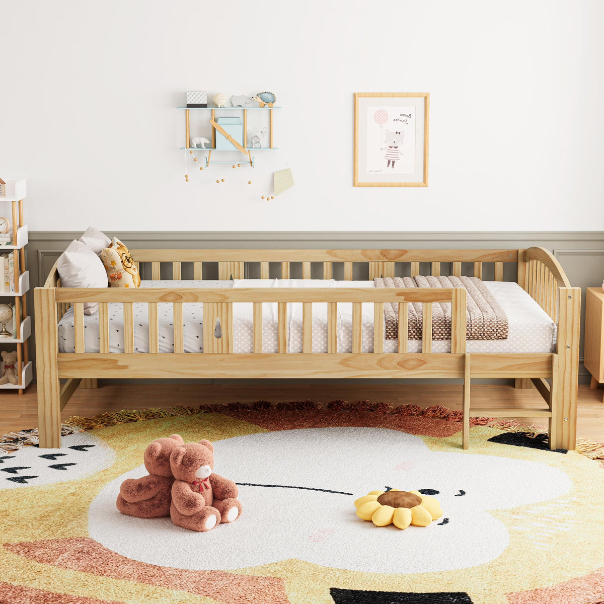 SESSLIFE Twin Size Platform Bed, Solid Wood Twin Bed Frame with Slats, Fence Guardrail Ladder, Twin Floor Bed with Strong Legs for Boys Girls, No Box Spring Needed, Holds 400 lbs, White