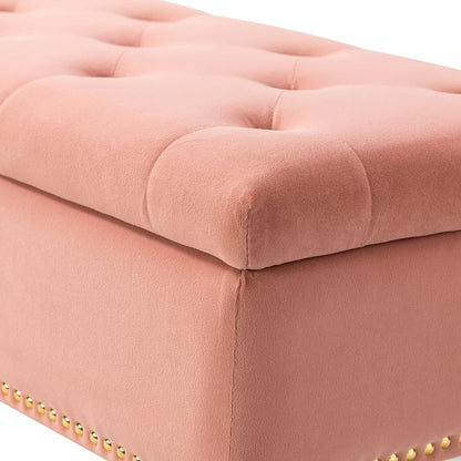 14 Karat Home Velvet Storage Ottoman Bench Gold Leg Upholstered Nailhead Trim Button Tufted Footstool Entryway Bedroom Living Room Pink