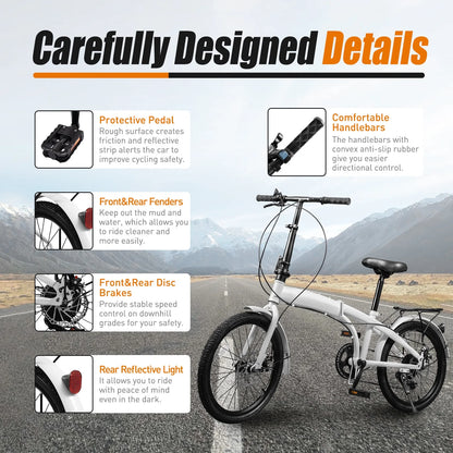 LOYALHEARTDY 20" Folding Bike 7-Speed Unisex Mountain Bicycle Adjustable Height MTB City Bike for Adult Teenager High Carbon Steel Foldable Bicycle for Riding Traveling w/Dual Disc Brakes & Fender
