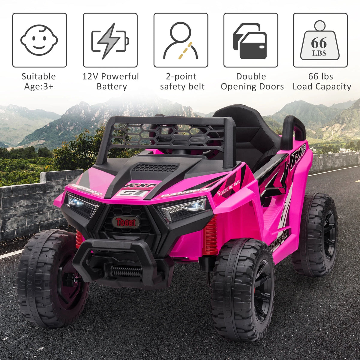 TOBBI 12V Kids Electric off-Road UTV Truck Car Battery Powered Ride on Toys for Girls with LED Headlights, Music, Horn