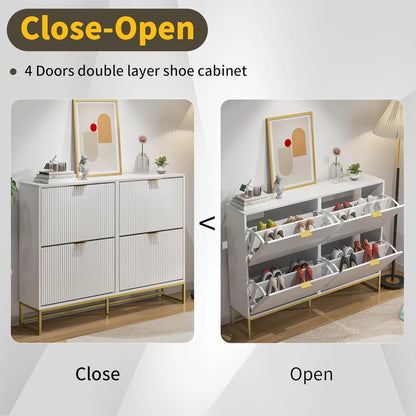 Oubayajia Modern Shoe Storage Cabinet, Wood Shoe Rack Organizer with 2 Flip Drawers, Freestanding Narrow Shoe Cabinet for Entryway Hallway, Natural