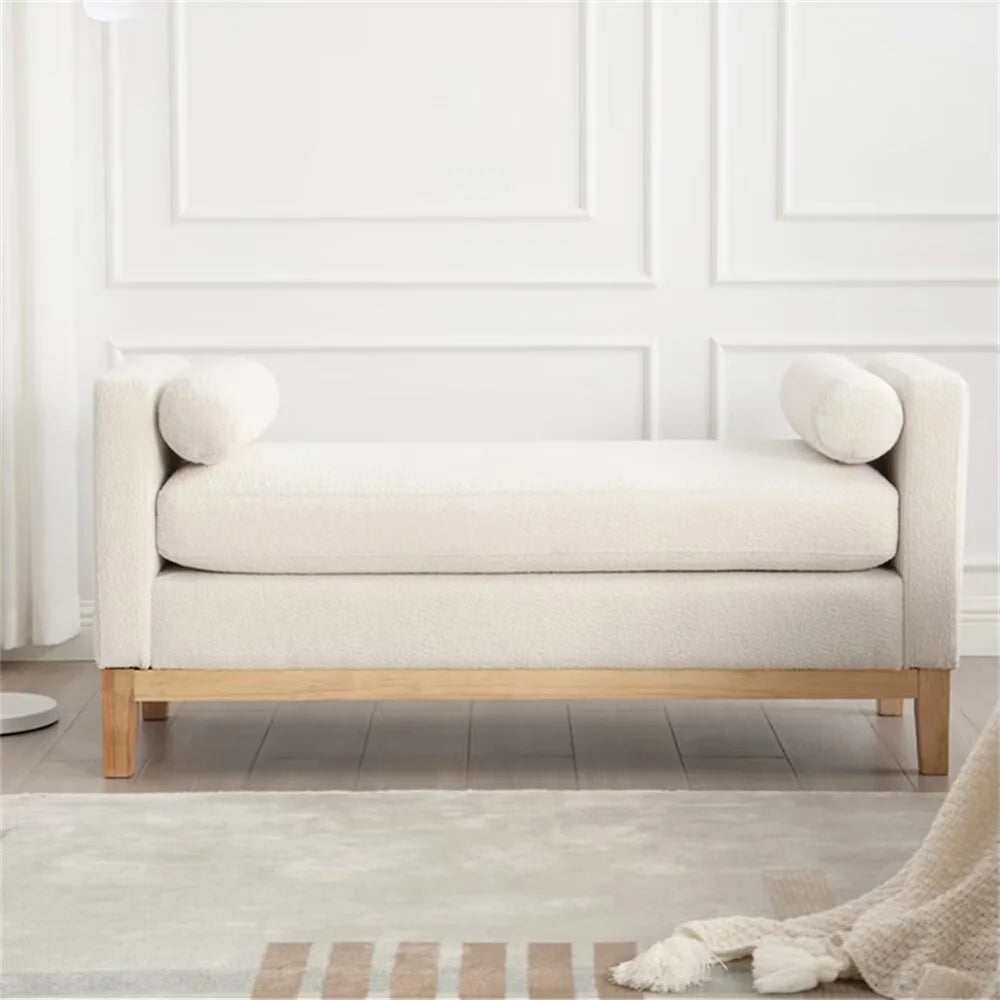 End of Bed Bench, 53.5" Boucle Fabric Upholstered Entryway Bench with Wood Legs & Bolster Pillows, Rolled Arm Cushioned Ottoman Foot Rest Long Stool Window Extra Seating for Bedroom, Ivory