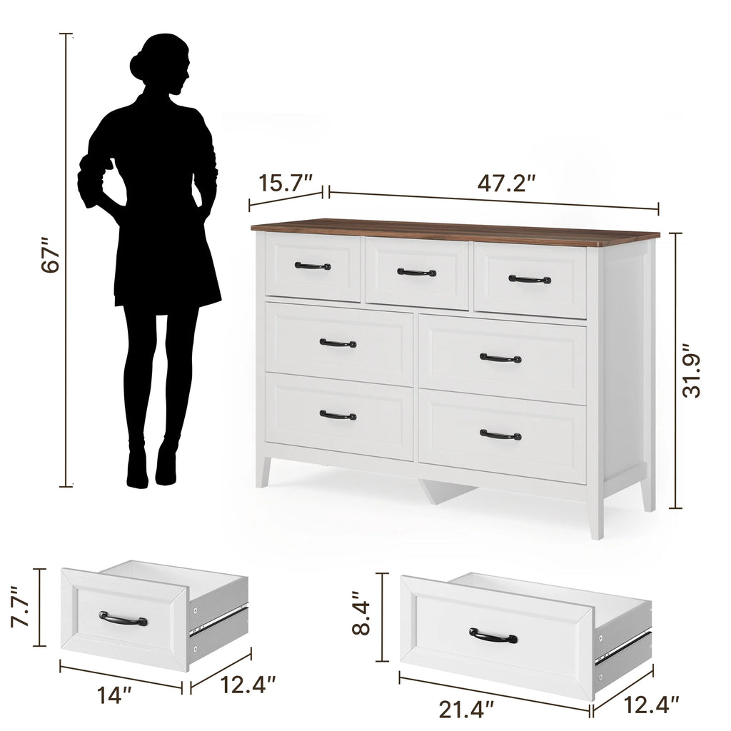 Lofka 47.2" Dresser for Bedroom with 6 Double Drawers, Farmhouse Wood Storage Cabinet with Smooth Metal Handle