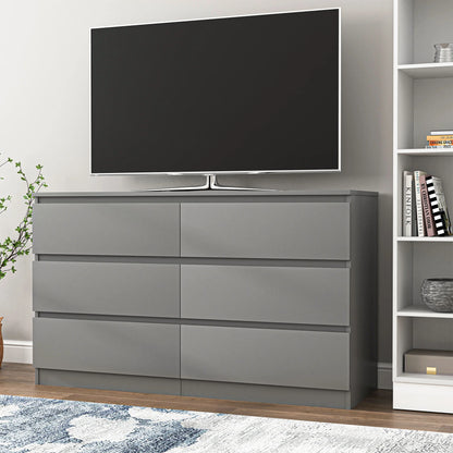 Resenkos Modern Mid Century 6 Drawer Wide Dressers Chests for Bedroom, Chest of Drawer Organizer Grey