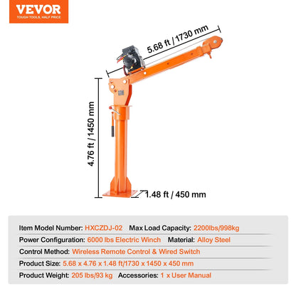 VEVOR Electric Pickup Truck Crane, 2200 lbs, Folding Truck-Mounted Bed Crane with Electric Winch 6000 lbs, Steel Pickup Truck Jib Crane Hoist 360�� Swivel for Lifting Goods in Construction, Factory