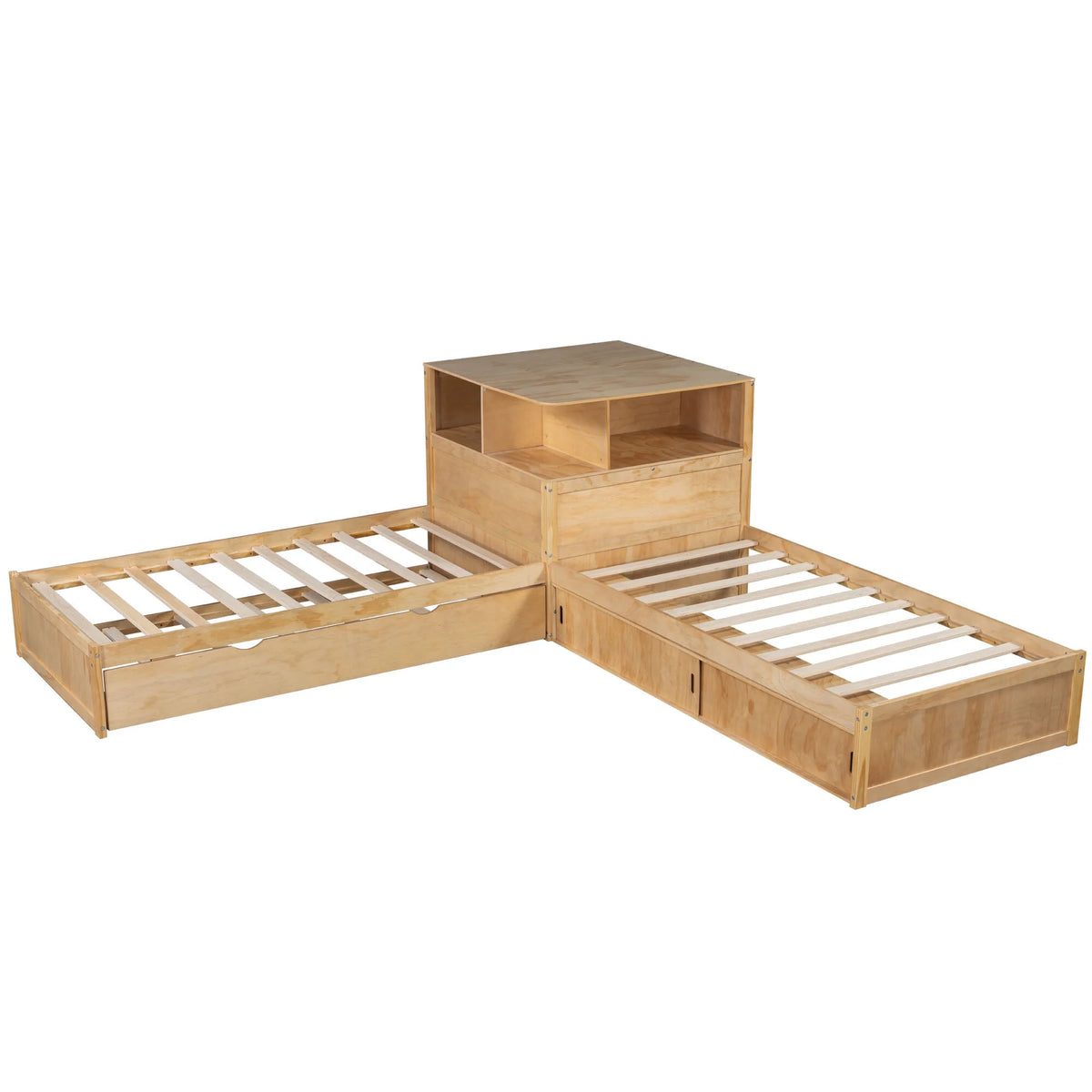 Euroco Pine Wood L-Shaped Twin Platform Bed with Storage Desk, Cabinets, Trundle and LED Light for Kids Teens, Gray
