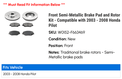 Front Semi-Metallic Brake Pad and Rotor Kit - Compatible with 2003 - 2008 Honda Pilot 2004 2005 2006 2007