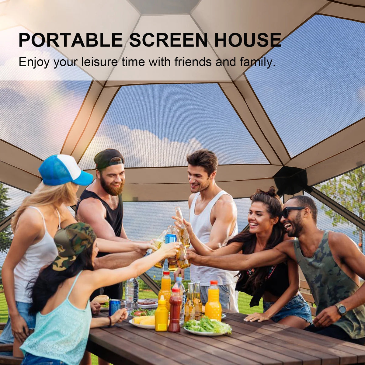 HOTEEL 12x12 Portable Pop-Up Outdoor Camping Gazebo, Screen Tent with Mosquito Nettings, Waterproof, UV, Bite Proof, Removable top Glamping Canopy with Carry Bag, Gray