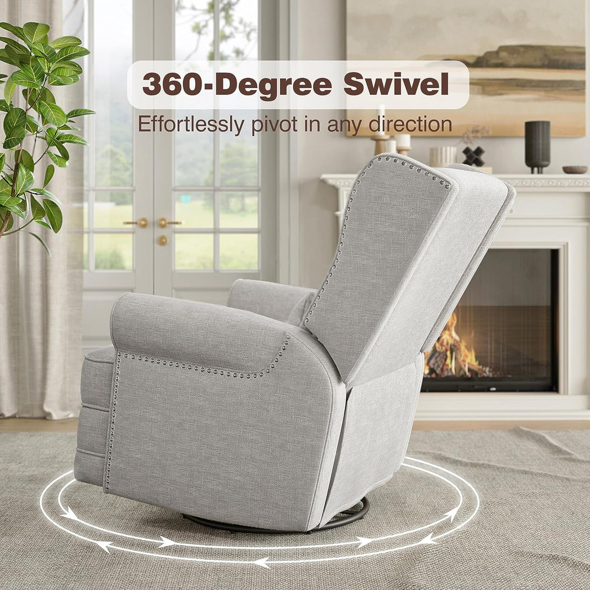 Royalcraft Swivel Nursery Glider Recliner, Comfy Upholstered Glider Chair with Lumbar Pillow and Footrest, Beige