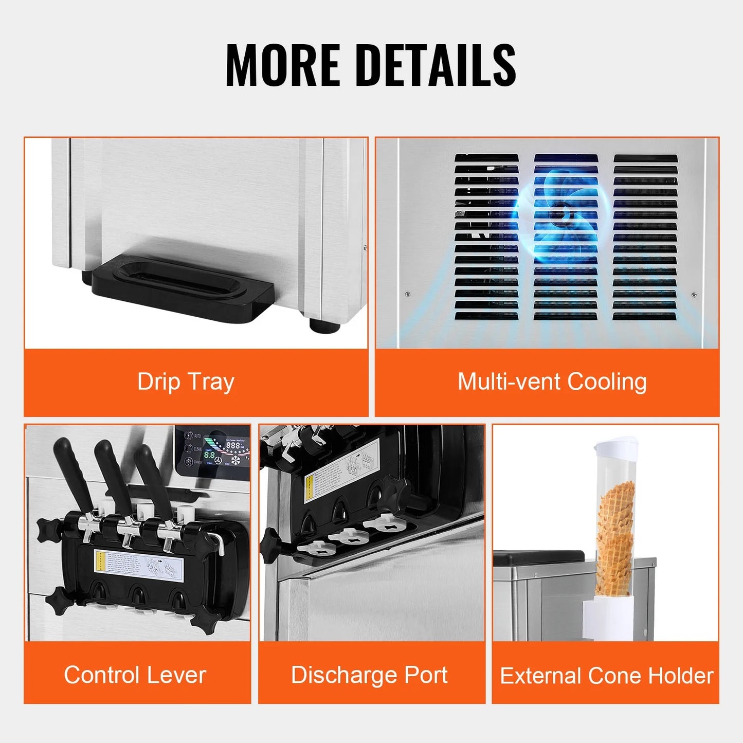KFFKFF Commercial Soft Ice Cream Machine 18-28 L/H 5.5L*2 Cylinder 3-Flavor Serve Ice Cream Maker