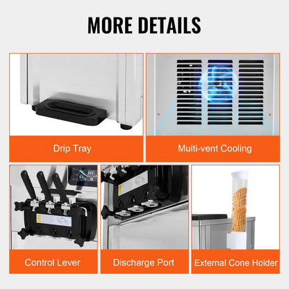 KFFKFF Commercial Soft Ice Cream Machine 18-28 L/H 5.5L*2 Cylinder 3-Flavor Serve Ice Cream Maker