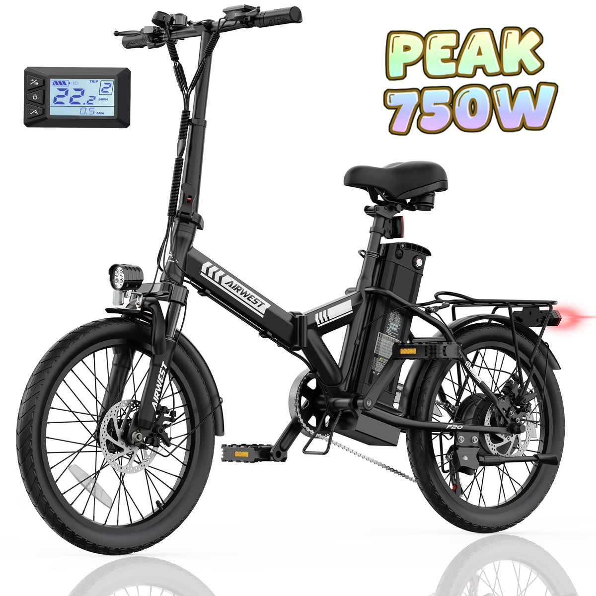 AIRWEST 20" Foldable Electric Bike for Adults, Compact Commuter eBike with 500W Motor 750W Peak, Removable 48V 7.8Ah Battery, 50 Miles PAS Range, 20MPH, UL Certified Folding Electric Bicycle