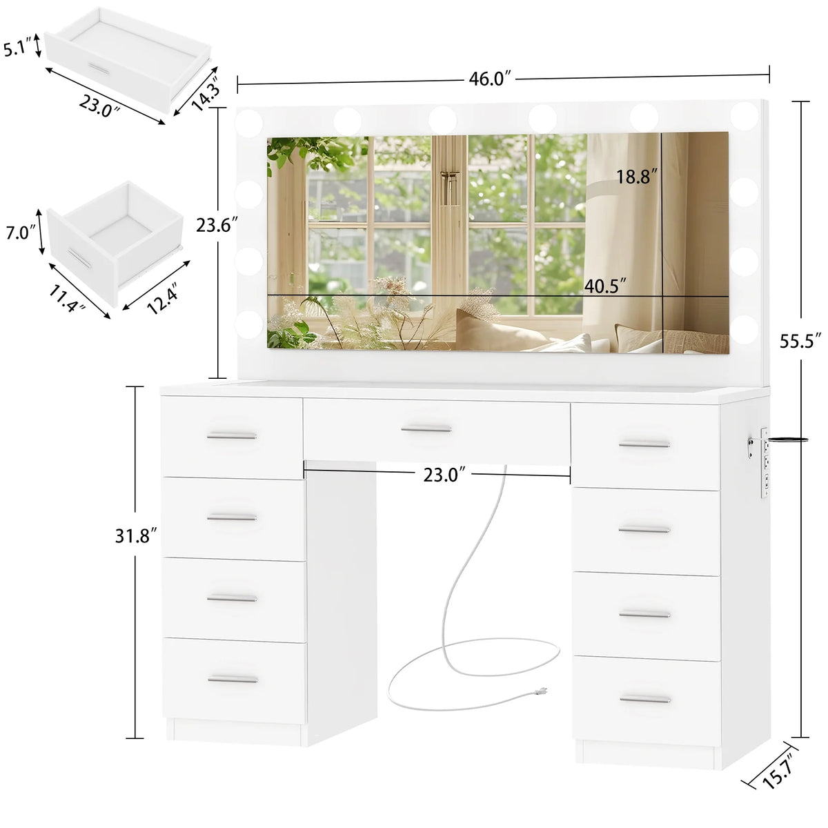 TEENFON 46" Vanity Desk with Large Lighted Mirror and Power Outlet, Makeup Vanity with 9 Drawers and Glass Desktop, Vanity Table for Bedroom, White