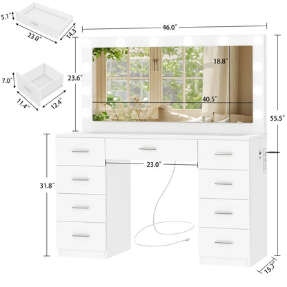 TEENFON 46" Vanity Desk with Large Lighted Mirror and Power Outlet, Makeup Vanity with 9 Drawers and Glass Desktop, Vanity Table for Bedroom, White