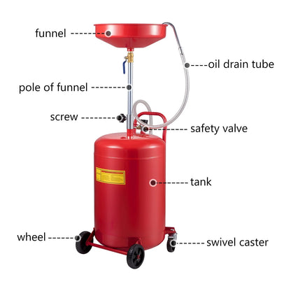 VEVOR Waste Oil Drain Tank 20 Gallons Portable Air Operated Drainer, Container, Fluid Fuel Transfer Drainage, Adjustable Funnel Height, with Wheel