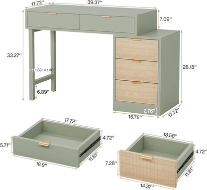 Tribesigns 39" Reversible Computer Desk with 5 Drawers, Wood Writing Desk for Home Office, Green