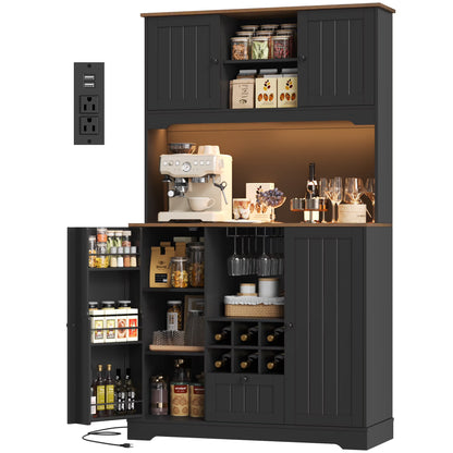 Homfa 71.3'' Kitchen Pantry Storage Cabinet with Charging Station, LED Light Kitchen Hutch Cabinet with Doors and Shelves and Wine Holder, White