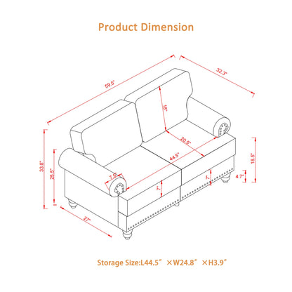 2 Piece Living Room Sofa Set, Modern Leather 3 Seater and Loveseat Sofa with Storage Seats and Rolled Nails Arms for Living Room, Brown
