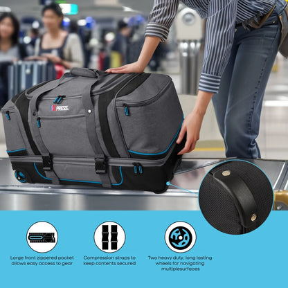 Rolling Duffle Bag with Drop Bottom,Large Wheeled Duffle Bag Luggage,Trolly Travel Bag with Roller 30 Inch,TBL074-Grey/Red