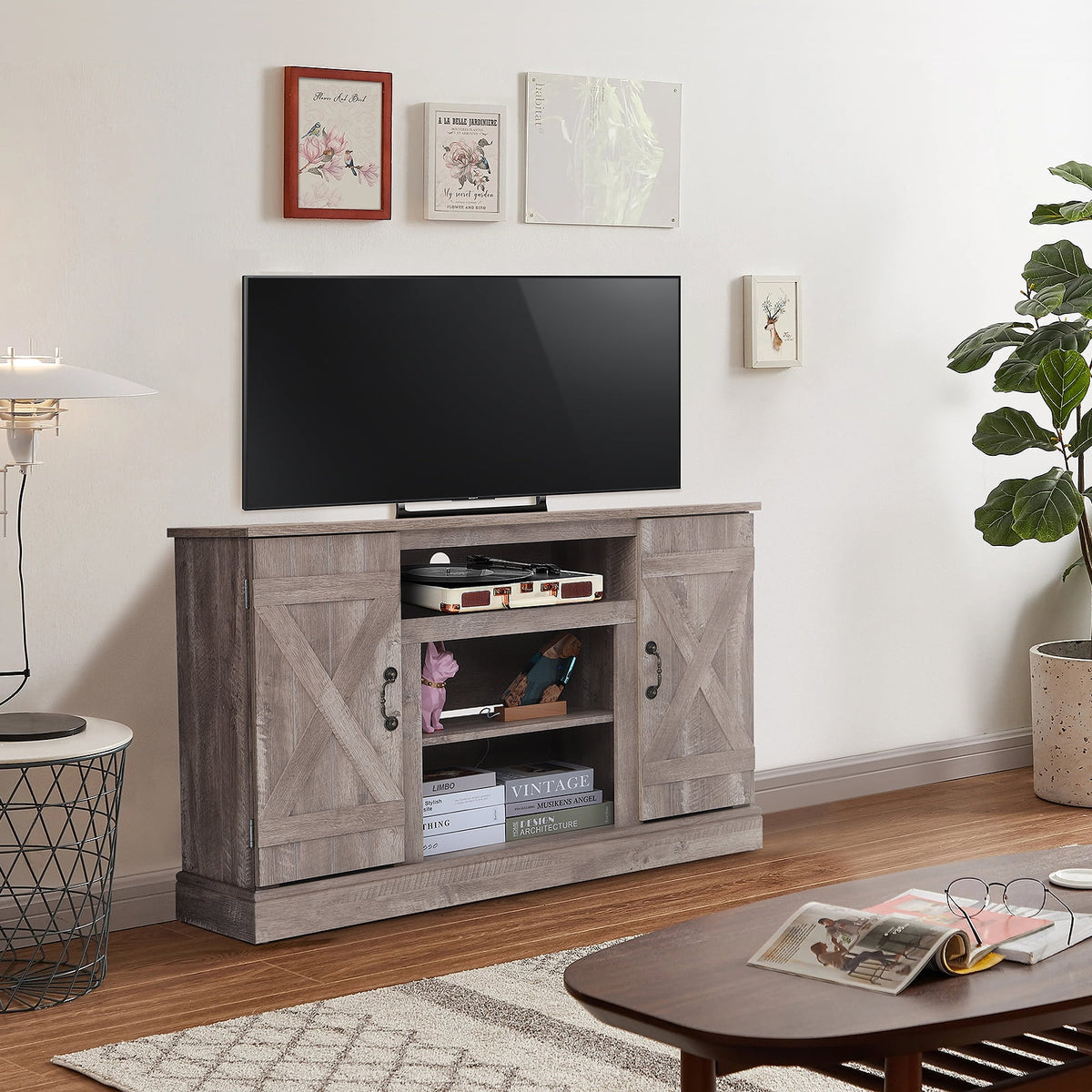 TV Stand for 65 Inch TV, Entertainment Center with Two Glass Barn Doors and Storage Cabinet Table, Farmhouse Style Media Console Table for Living Room(Coffee)