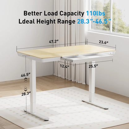 CHITOOMA Glass Top Electric Standing Desk with Drawer, 48'' x 24'' Electric Height Adjustable Desk with USB Charging Ports, Sit Stand up for Home Office