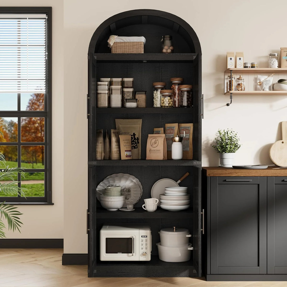 Arched Cabinet Tall Kitchen Pantry, Farmhouse Storage Cabinet Arch Hutch Cabinet, Large Bookshelf with Doors, Arched Bookcase with Cabinet, 5 Tier Kitchen Cabinet for Dining Room