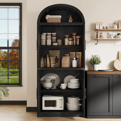 Arched Cabinet Tall Kitchen Pantry, Farmhouse Storage Cabinet Arch Hutch Cabinet, Large Bookshelf with Doors, Arched Bookcase with Cabinet, 5 Tier Kitchen Cabinet for Dining Room