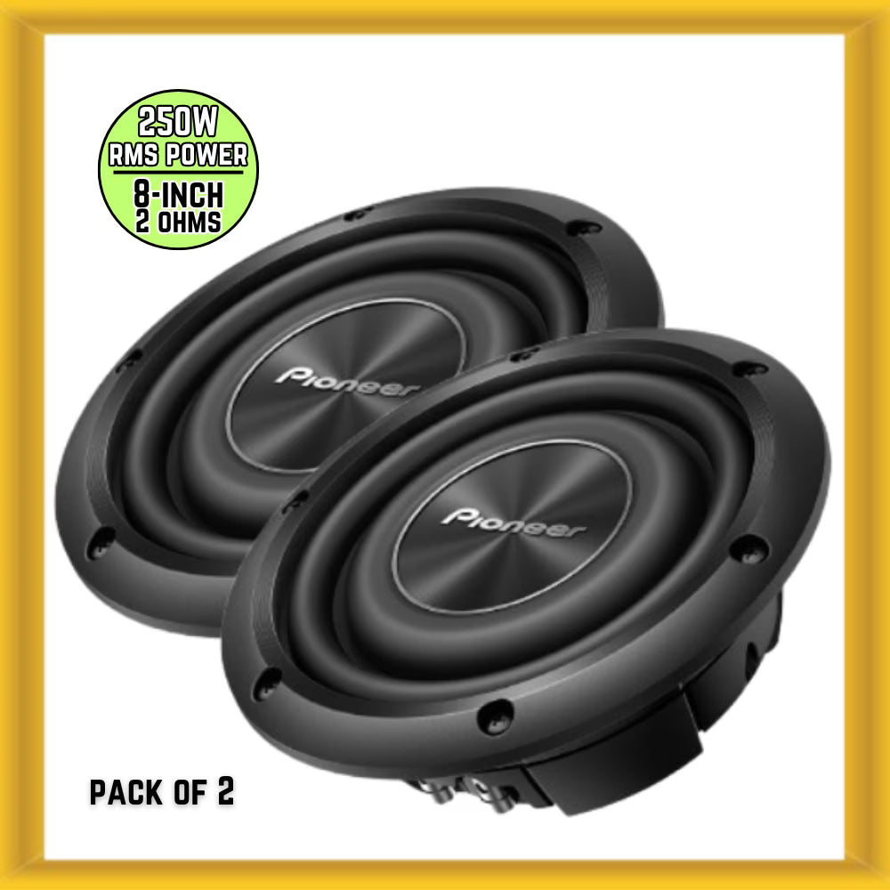 x2 Pioneer TS-A2000LD2 8" 250W RMS Power 2 Ohms DVC Shallow Mount Car Subwoofer