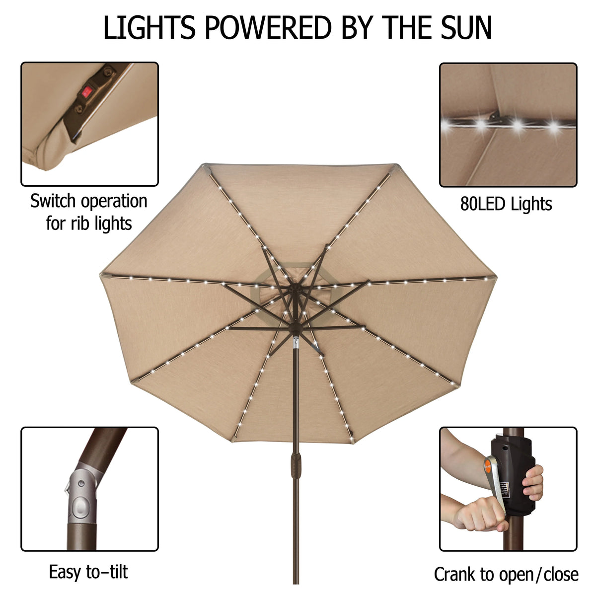 EliteShade Sunbrella Solar Umbrellas 9ft Market Umbrella with 80 LED Lights Patio Umbrellas Outdoor Table Umbrella with Ventilation and 5 Years Non-Fading Top,Ruby
