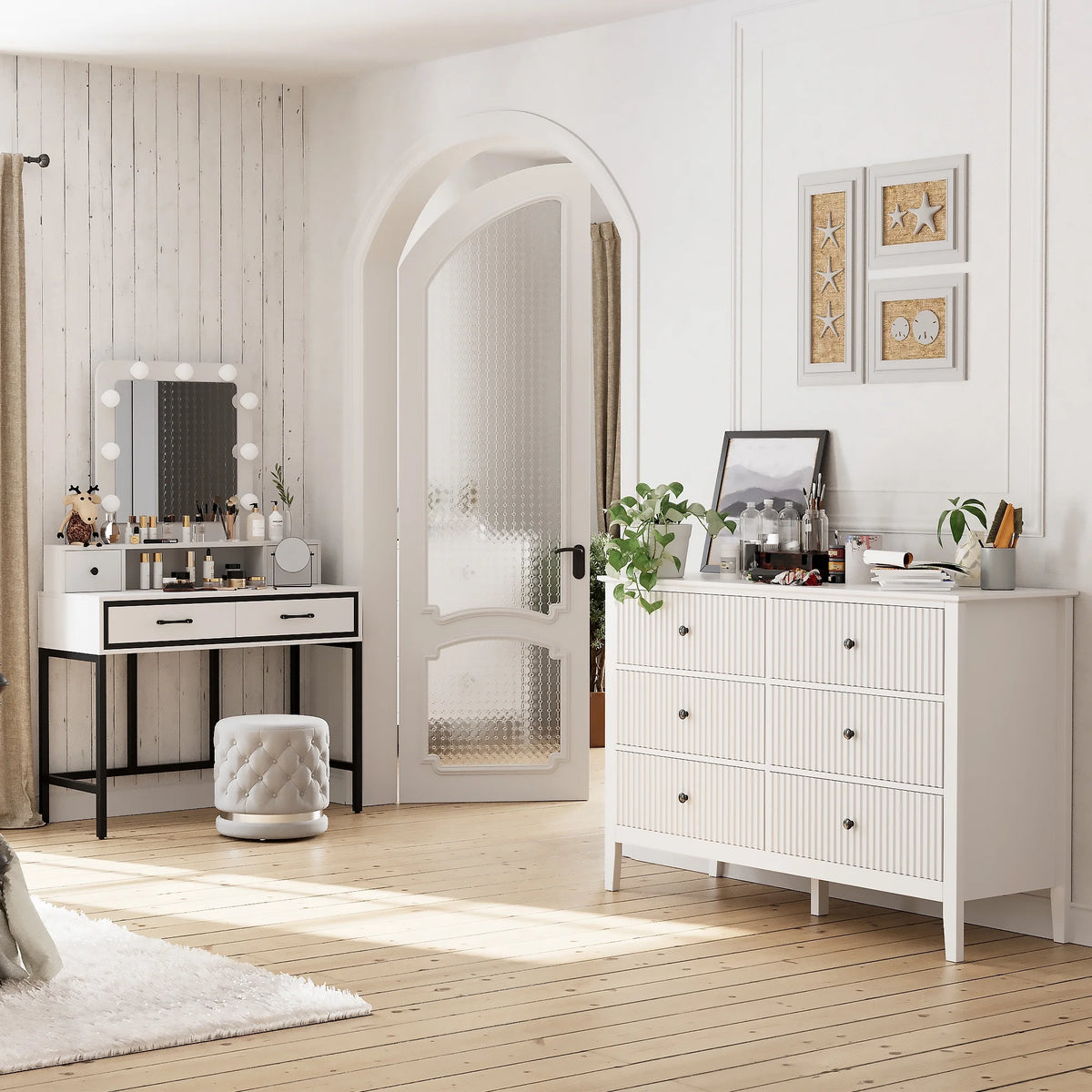 May Color Large White 3 Drawer Dresser Set of 2 with Fluted Panel, Modern Chest of Drawers with Silent Slide Drawers, Wood Accent Nightstand with Storage for Bedroom Living Room, Hallway