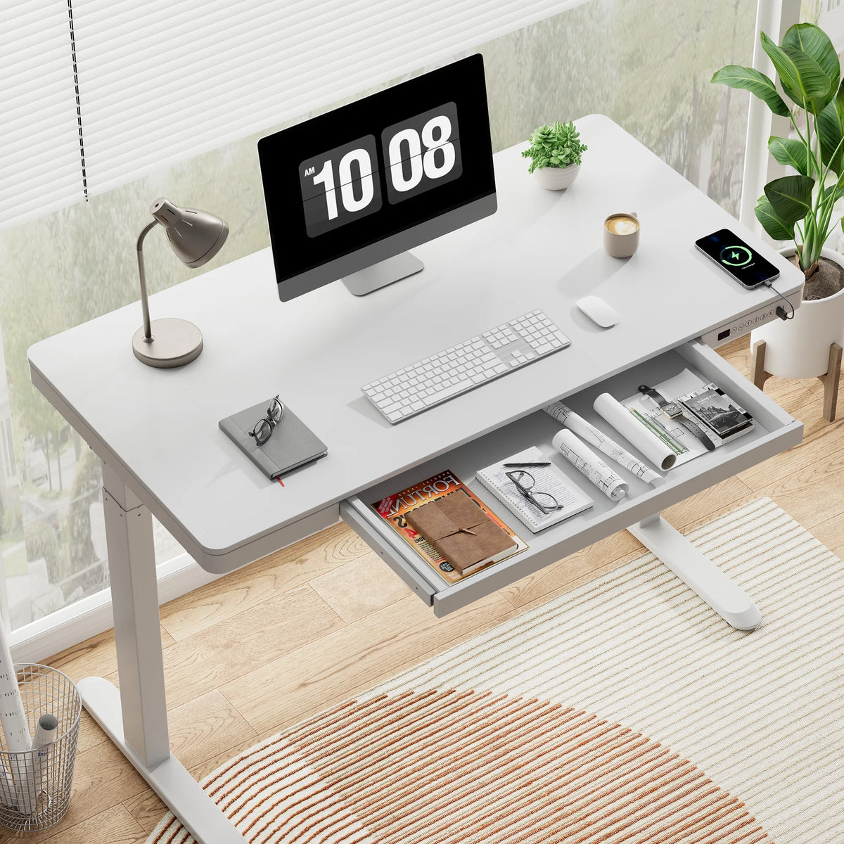 FLEXISPOT 48" W Home Office Height Adjustable Standing Desk White and Maple with USB Charge Ports and Embedded Drawer