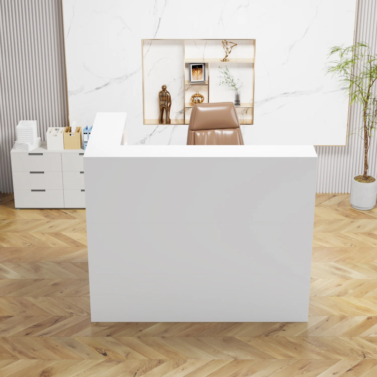 MONSLIPA L-Shape Wood Reception Desk with , Register Stand Reception Center Desk, White
