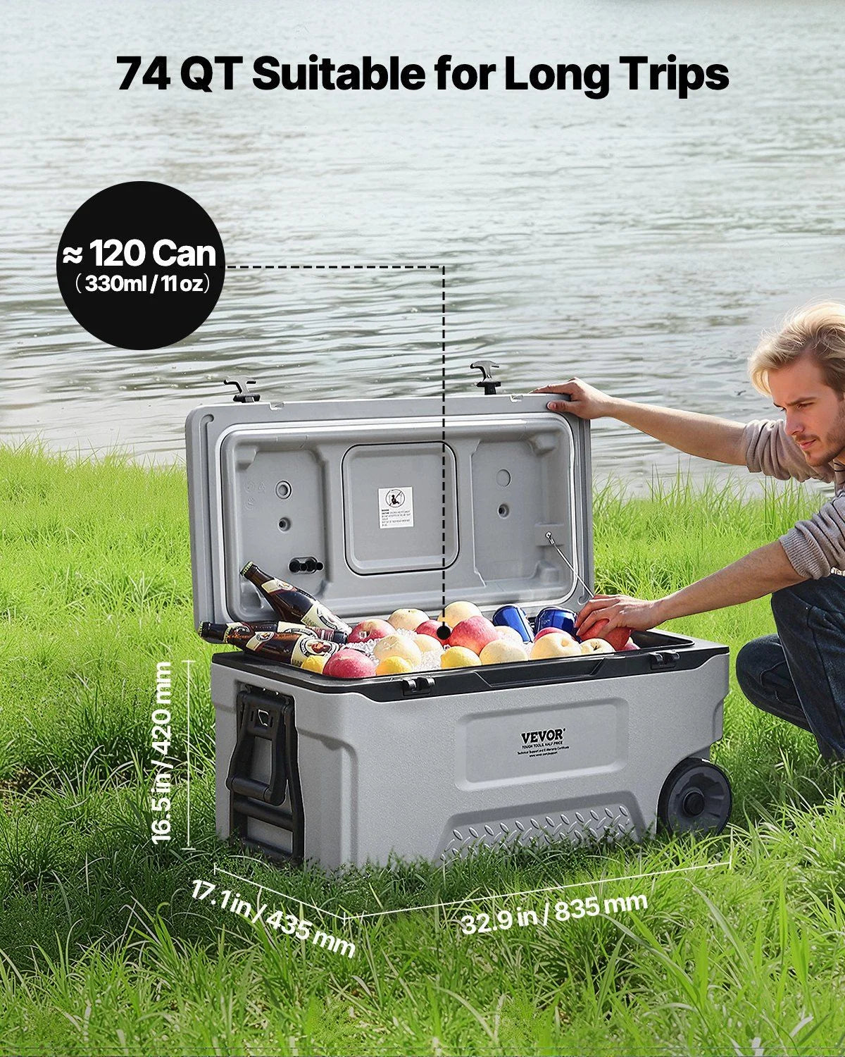 74 QT Wheeled Cooler - 120 Can Capacity Portable Ice Chest with Heavy-Duty Wheels & Cup Holders, Insulated Outdoor Cooler for Camping, Tailgating, Beach & BBQs, Leak-Proof Drain & Extended Cold Reten