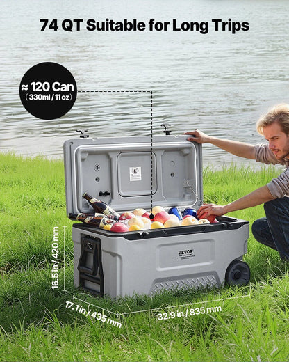 74 QT Wheeled Cooler - 120 Can Capacity Portable Ice Chest with Heavy-Duty Wheels & Cup Holders, Insulated Outdoor Cooler for Camping, Tailgating, Beach & BBQs, Leak-Proof Drain & Extended Cold Reten