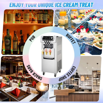 Commercial Ice Cream Maker, 3 Flavors, 20-28L/H Yield, LCD Panel, Auto Clean, 2200W Countertop Soft Serve Machine w/ 2x7L Hopper, Frozen Yogurt Maker for Restaurant Snack Bar