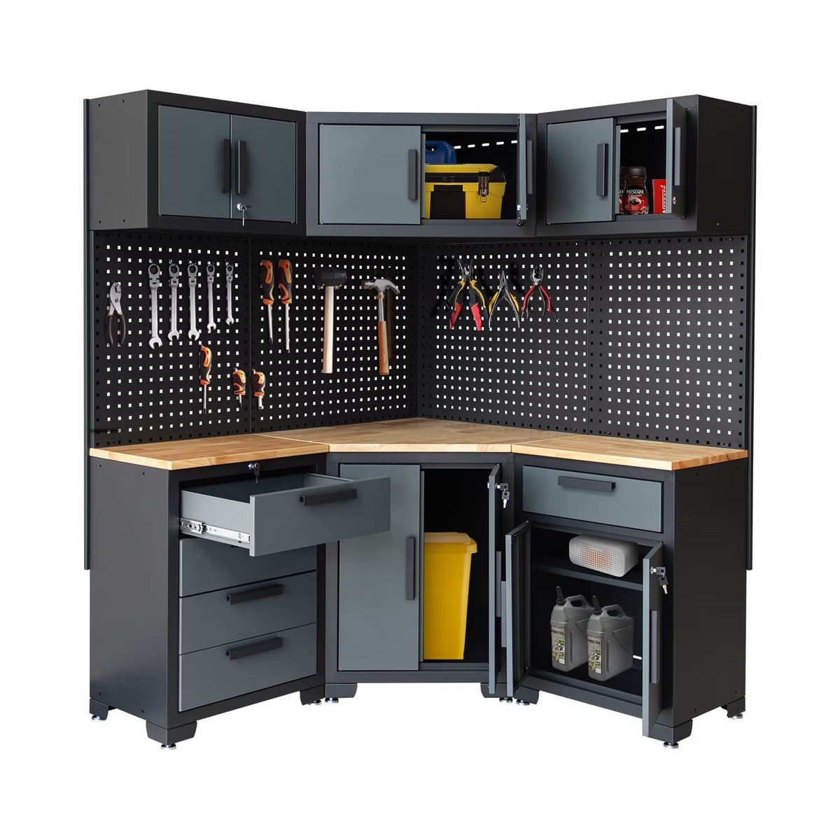 HPDMC Garage Storage Cabinet System 7-Pcs Workshop Set Metal Garage Cabinets System with Steel Cabinet Drawers, Workbench, Pegboard for Garage Tool Organization