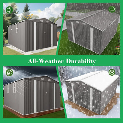 10 x 8 FT Outdoor Storage Shed, Large Metal Storage Shed, Lockable Door and Air Vent, Clear Window Garden Tool Shed for Bicycles, Tools, Lawnmowers, Backyards, Patios, Lawns - Gray