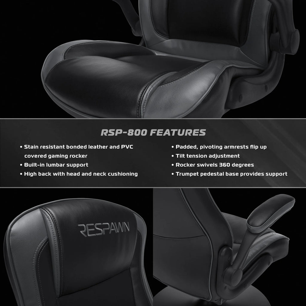 RESPAWN 800 Swivel Rocker Gaming Chair - Ergonomic Floor Gaming Seat with Lumbar Support, Flip Up Armrest, High Back, Pedestal Base, Comfortable No Wheels Console Video Game Rocker Chair - Red