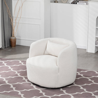 34" Wide Boucle Swivel Barrel Chair, No Assembly Round Upholstered Armchair Accent Chair Single Sofa Chair with Toss Pillow for Living Room and Bedroom, Taupe