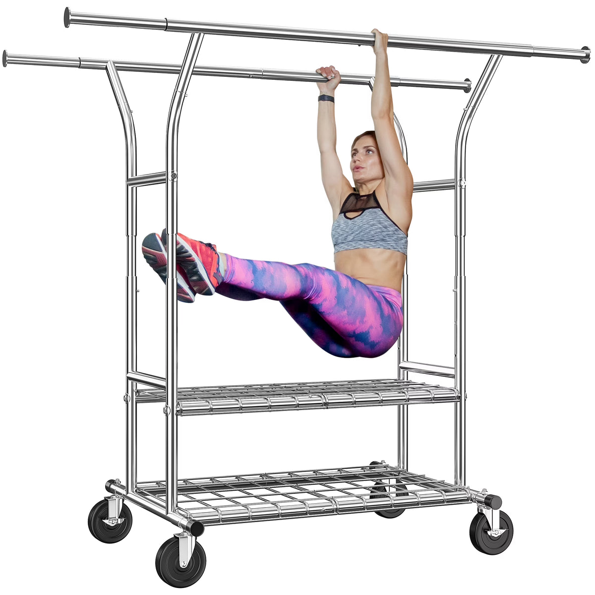 Clothes Rack with Wheels, Heavy-Duty Garment Rack for Hanging Clothes, Adjustable  Freestanding Wardrobe Organizers and Storage with Double Sheves