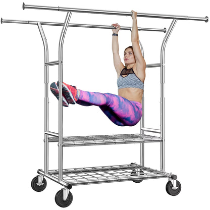 Clothes Rack with Wheels, Heavy-Duty Garment Rack for Hanging Clothes, Adjustable  Freestanding Wardrobe Organizers and Storage with Double Sheves