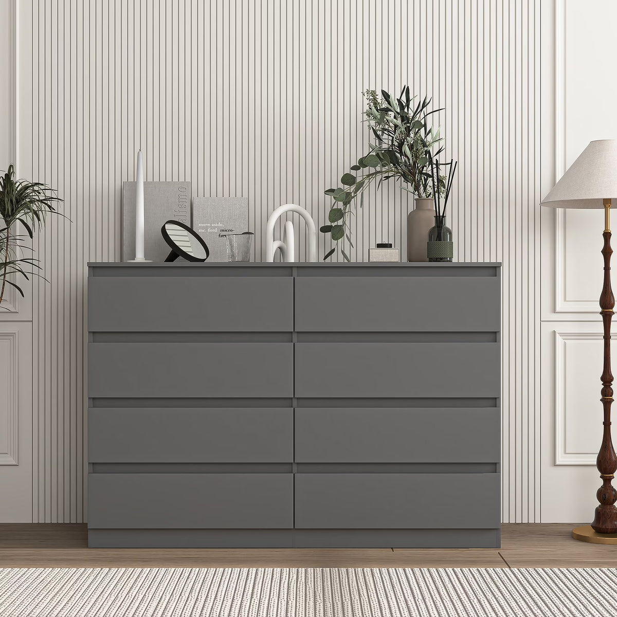 Resenkos Modern Mid Century 6 Drawer Wide Dressers Chests for Bedroom, Chest of Drawer Organizer Grey