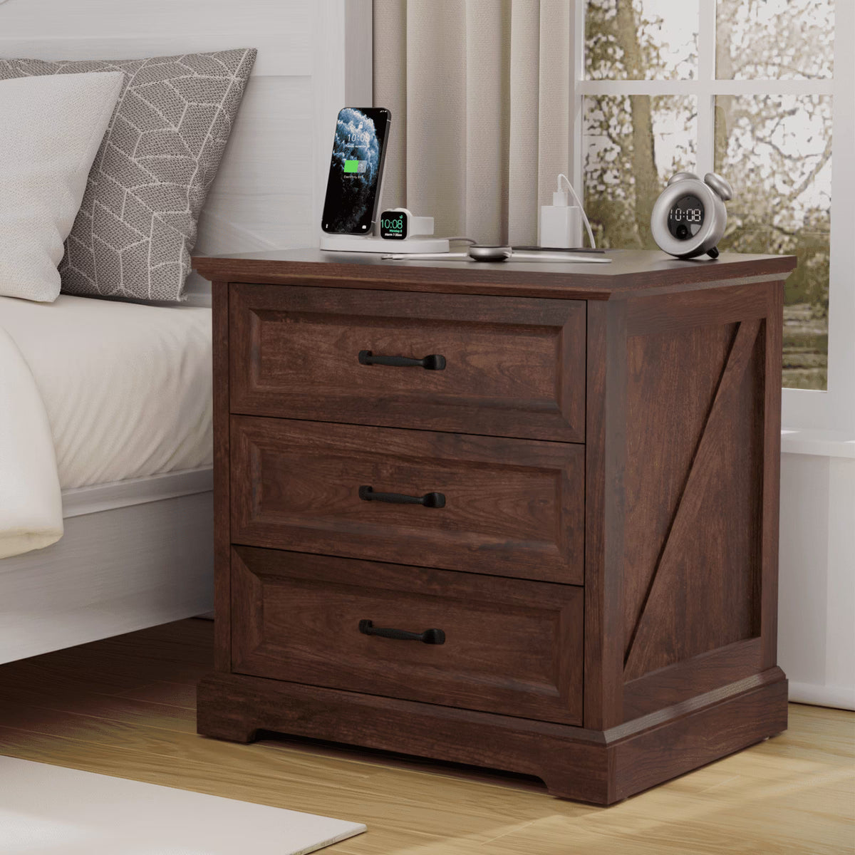 Hommpa Farmhouse 3 Drawers Nightstand with Charging Station, Rustic Wood Night Stand with Drawers for Bedroom, Vintage Bedside Table Small Dresser Chest of Drawers for Living Room, White