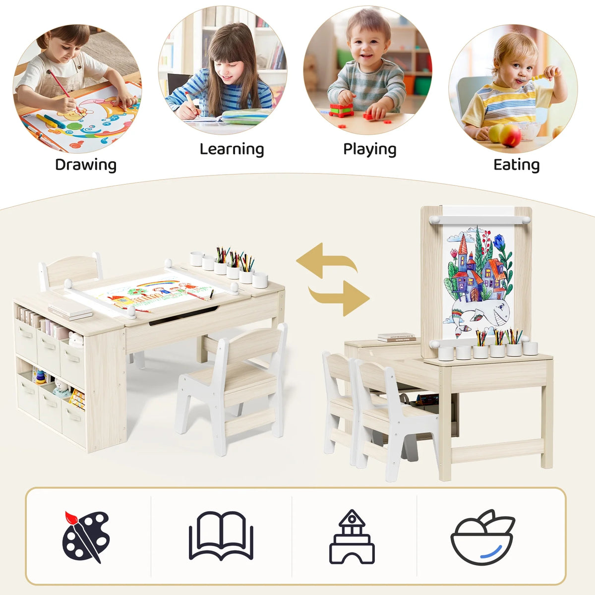 LAZY BUDDY Kids Art Table and 2 Chairs Set, 2 in 1 Easel & Toddler Craft Table and Chairs Set with Storage Bins, Paint Cups and Paper Roll, Activity Table Set for Children 3+