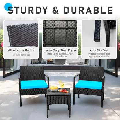 Tappio Outdoor Furniture 3 Piece Patio Bistro Furniture Set, Rattan Conversation Chairs Set with Side Table and Cushions, Patio Furniture Sets for Balcony Garden Porch, Red