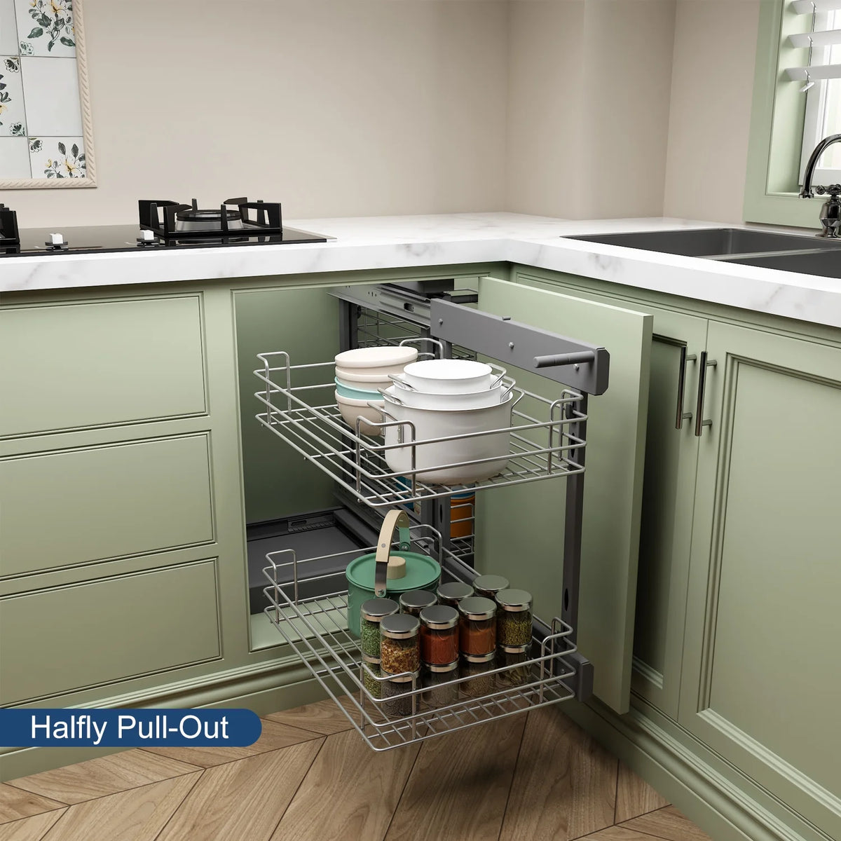 VADANIA Blind Corner Pull Out Cabinet Organizer for 32" Cabinet, Soft Close, Min Opening 14", 2-tier